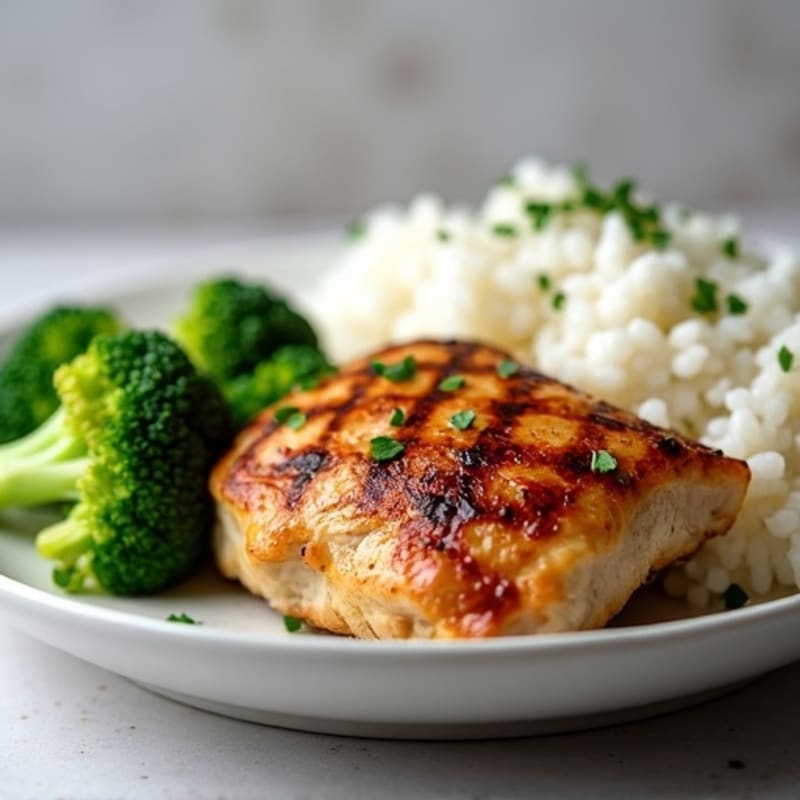 Grilled Chicken Thighs with Steamed Broccoli and Rice