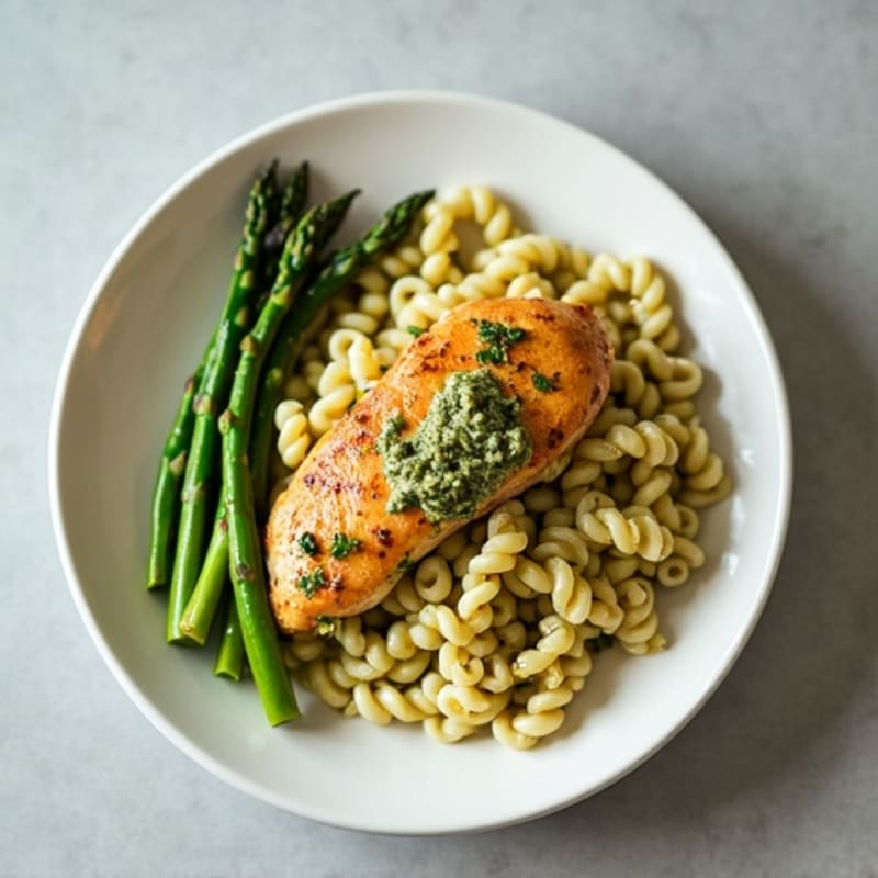 Creamy Pesto Chicken Pasta with Roasted Asparagus