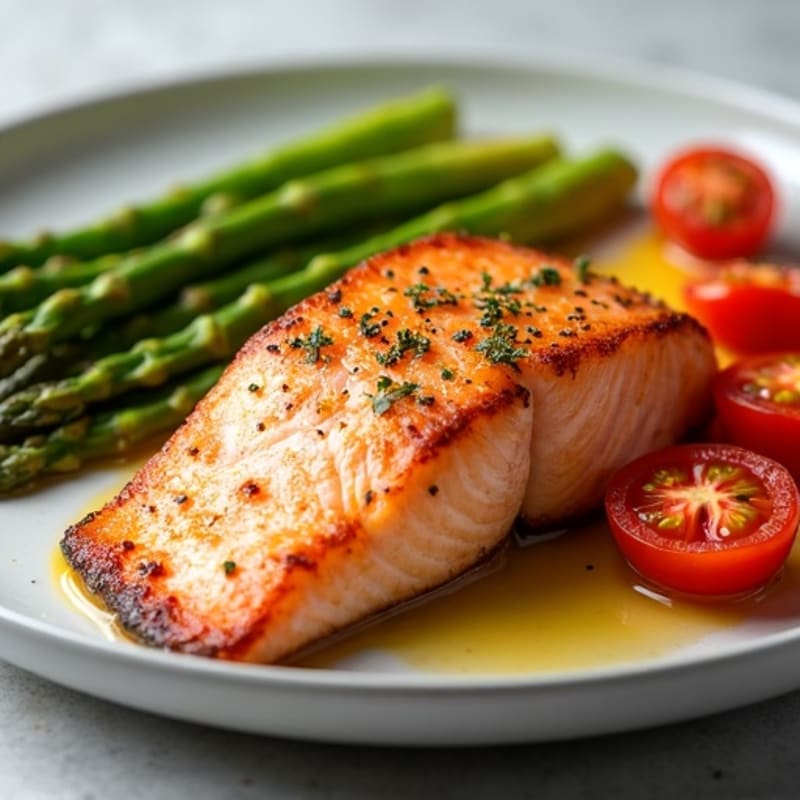 Crispy Pan-Seared Salmon with Roasted Asparagus and Cherry Tomatoes