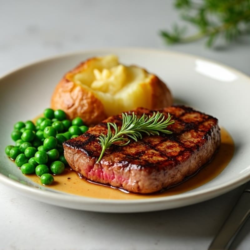 Seared Steak with Roasted Peas and Baked Potato