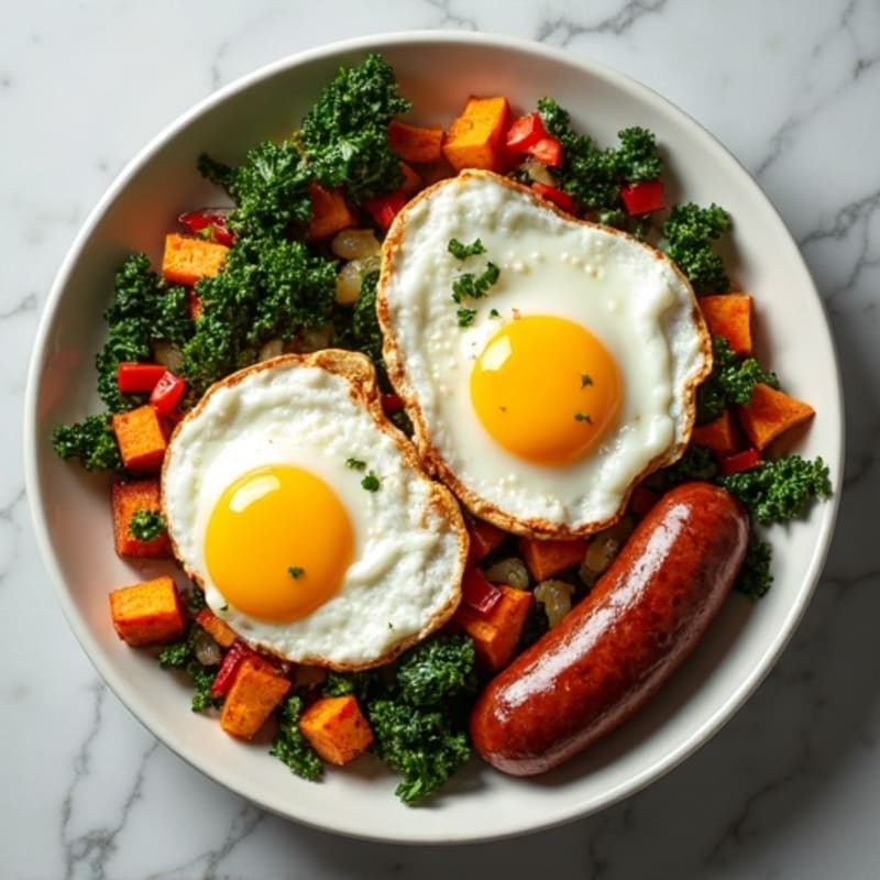 Crispy Sweet Potato and Kale Hash with Sunny-Side Up Eggs