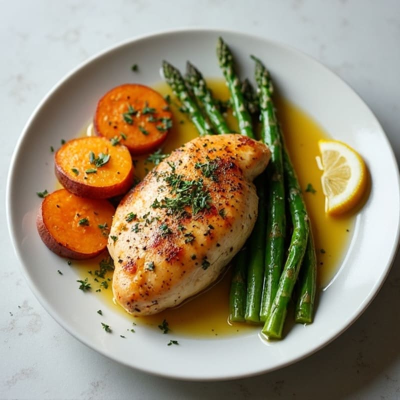 Herb-Roasted Chicken with Crispy Asparagus and Sweet Potato