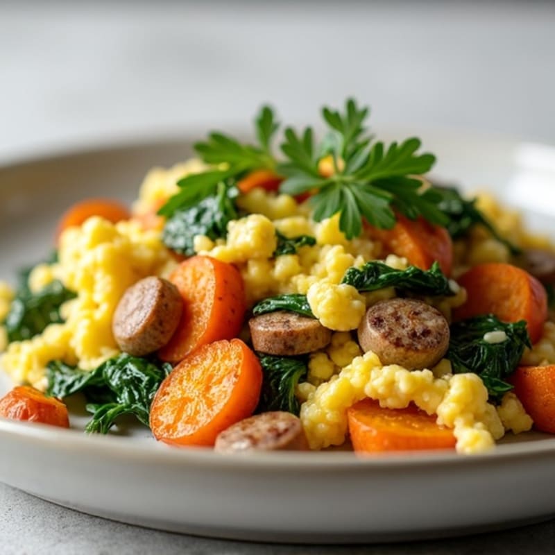 Egg White and Turkey Sausage Scramble with Spinach and Roasted Sweet Potatoes