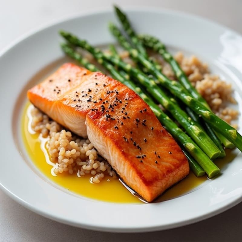 Seared Salmon with Steamed Asparagus and Brown Rice