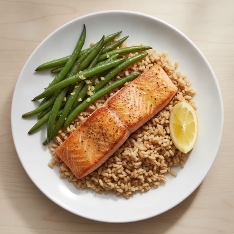 Seared Salmon with Garlic Green Beans and Brown Rice