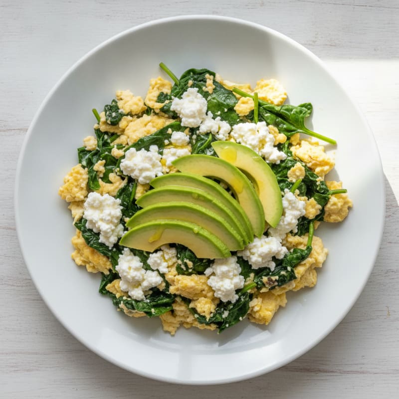Egg White and Spinach Scramble with Cottage Cheese and Sliced Avocado