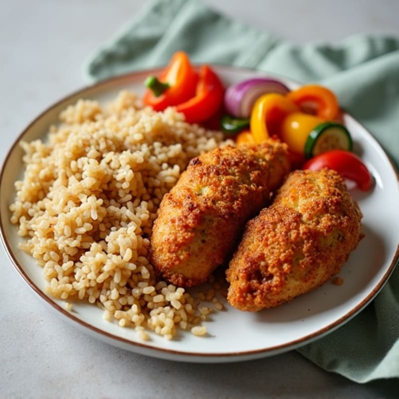 Crispy Air-Fried Chicken with Roasted Vegetables and Brown Rice