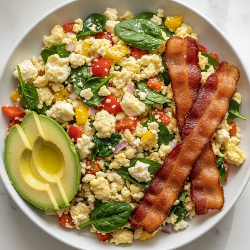 Egg White Veggie Scramble with Cottage Cheese and Turkey Bacon