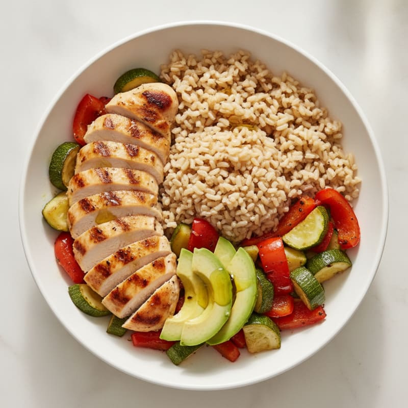 Grilled Chicken and Brown Rice Bowl with Roasted Vegetables