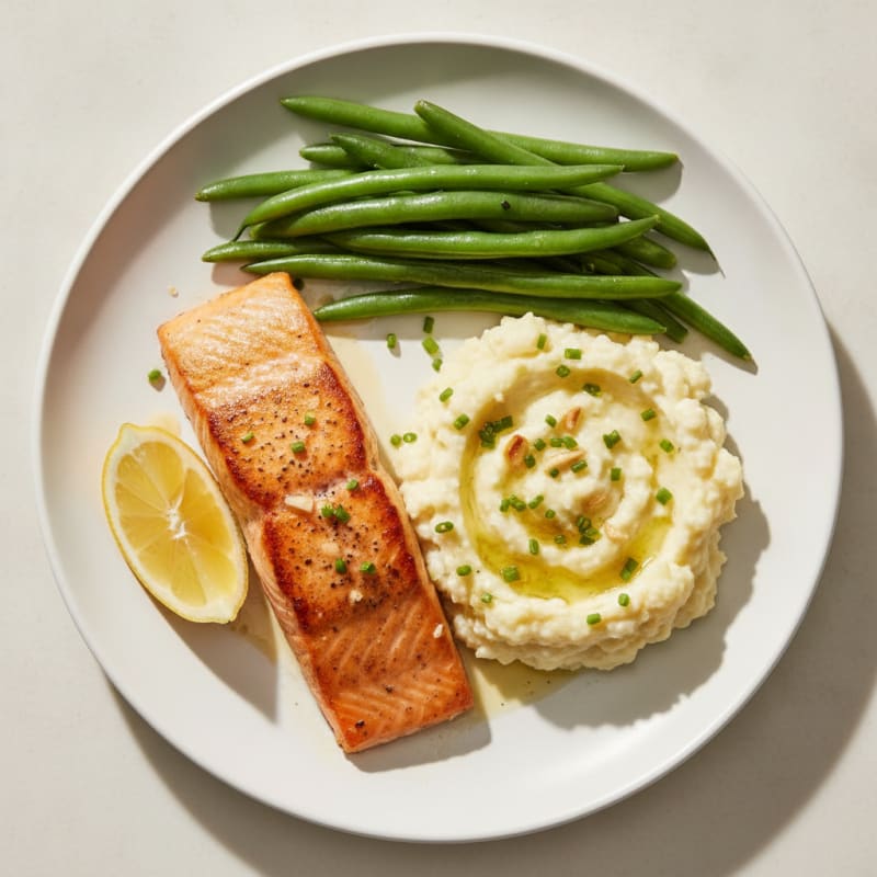 Seared Salmon with Steamed Green Beans and Garlic Mashed Cauliflower