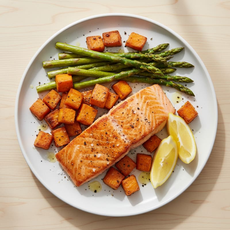 Seared Salmon with Roasted Sweet Potatoes and Asparagus
