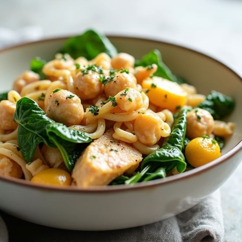 Creamy Cashew Garlic Pasta with Chicken and Sautéed Greens