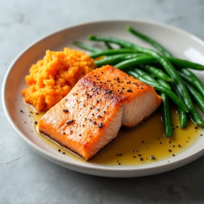 Seared Salmon with Steamed Green Beans and Sweet Potato Mash