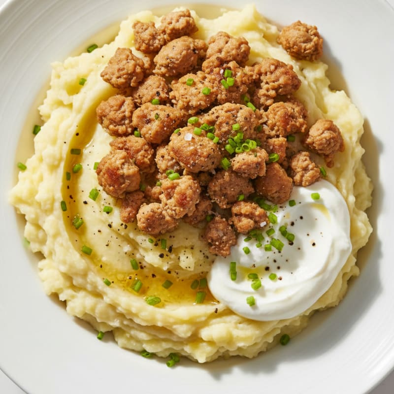 Buttery Garlic Mashed Potatoes with Savory Ground Turkey