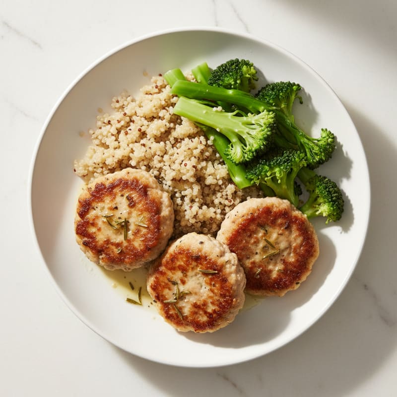 Seared Turkey Patties with Steamed Broccoli and Quinoa