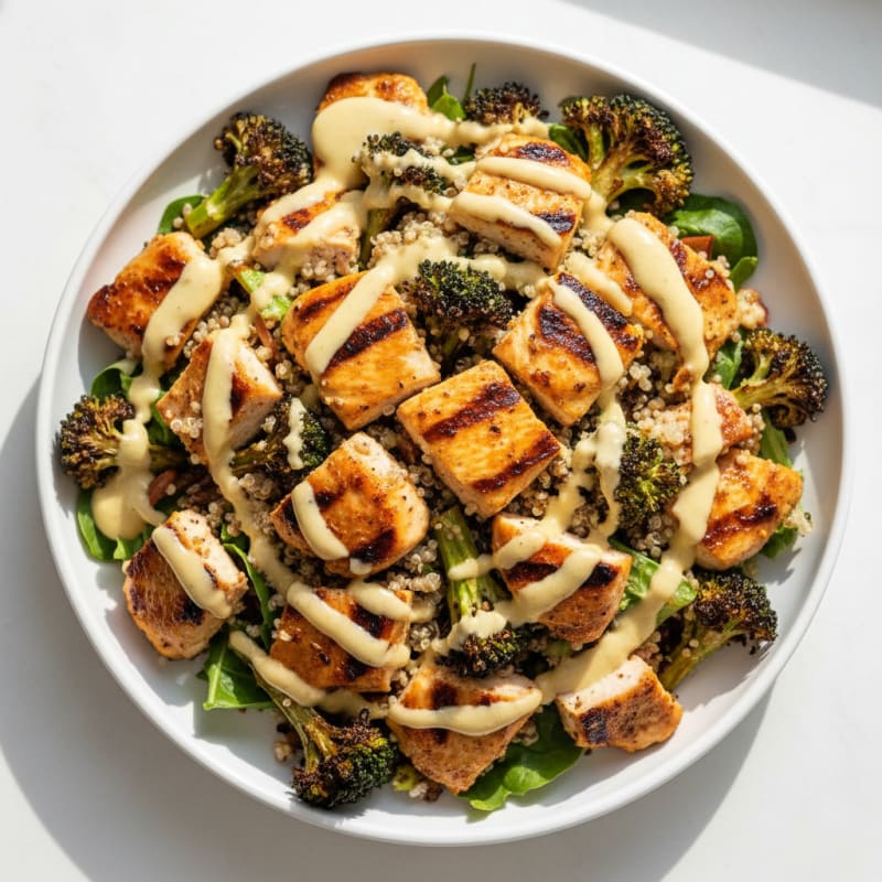 Grilled Chicken and Quinoa Salad with Roasted Broccoli and Lemon Tahini Drizzle