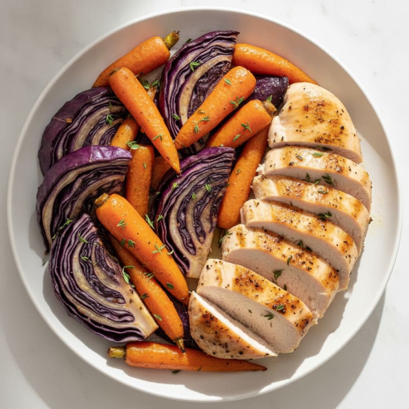 Roasted Red Cabbage and Carrot Medley with Herbed Chicken