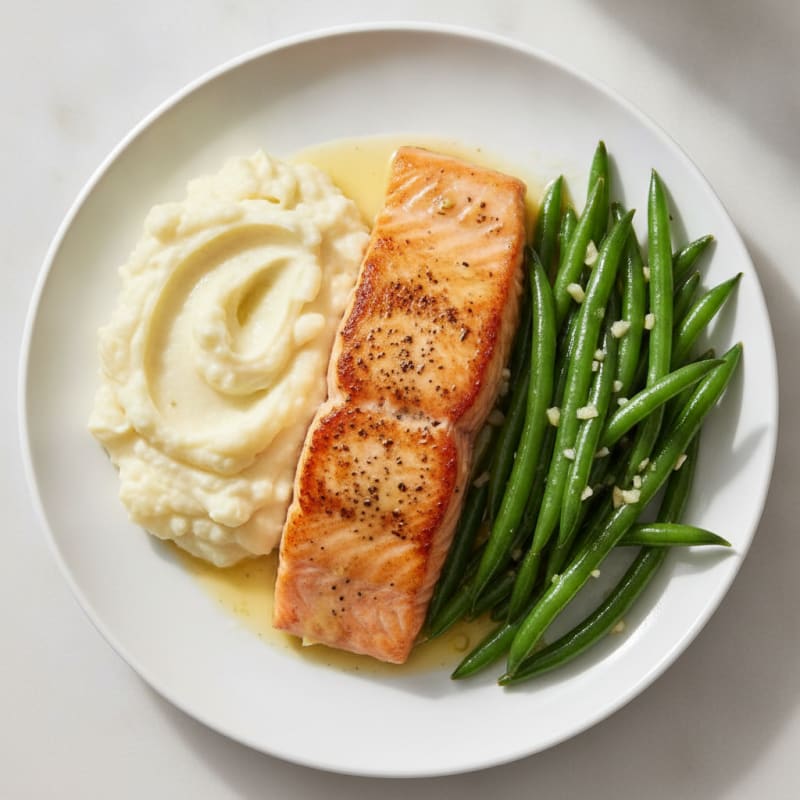Seared Salmon with Garlic Green Beans and Mashed Cauliflower