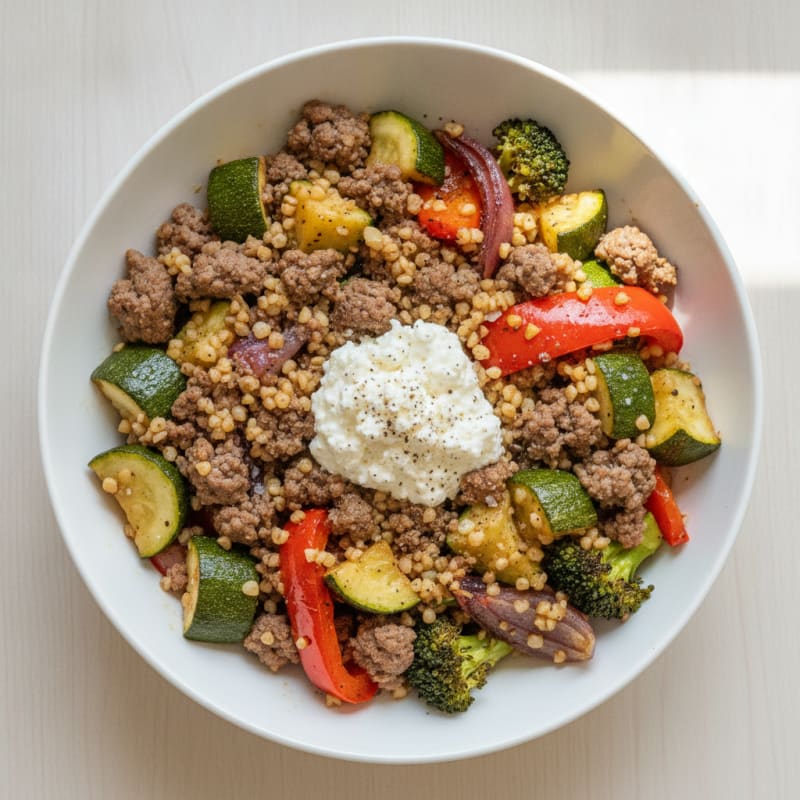 Beef and Bulgur Skillet with Roasted Vegetables