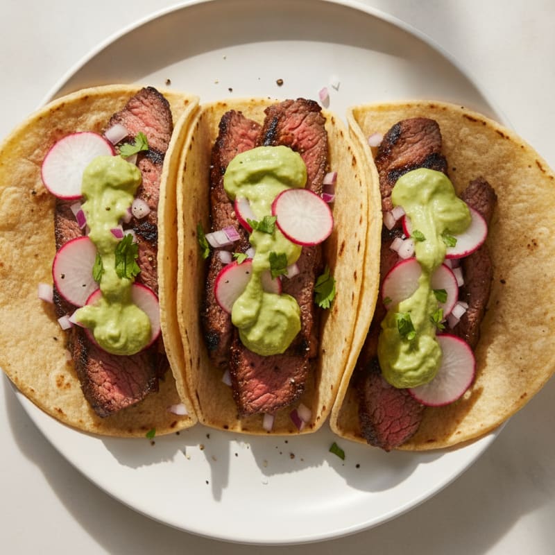 Carne Asada Tacos with Avocado Crema