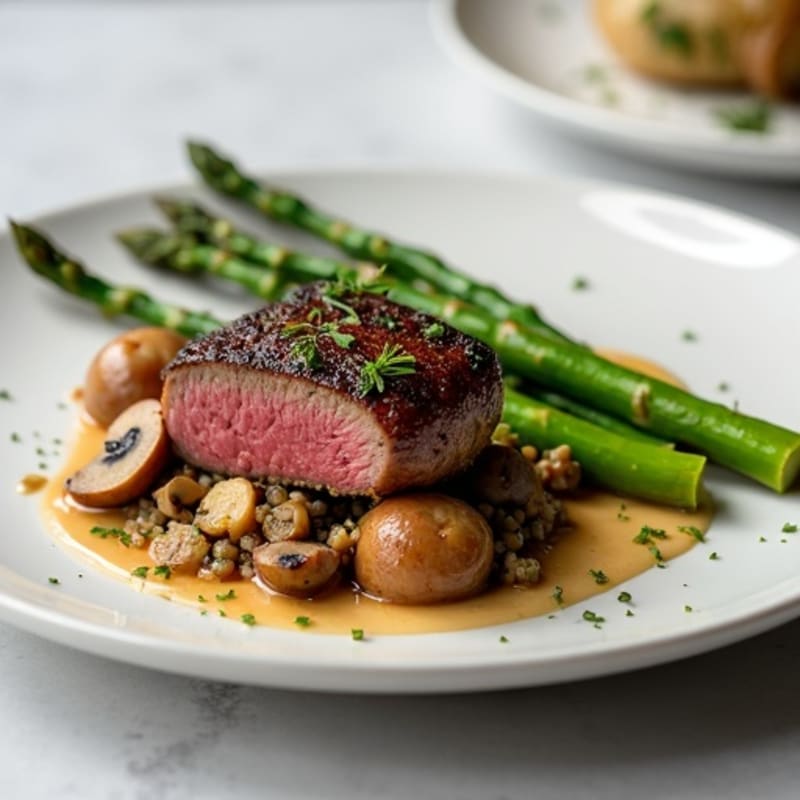 Pan-Seared Beef Tenderloin with Savory Mushroom Duxelles and Crispy Roasted Asparagus