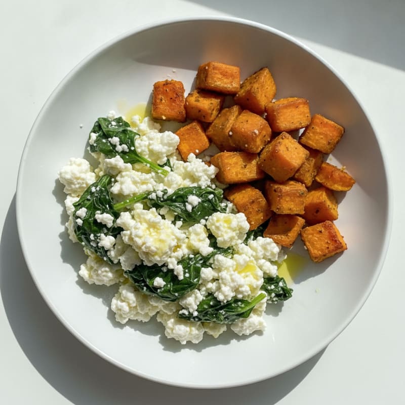 Cottage Cheese and Egg White Scramble with Spinach and Roasted Sweet Potato