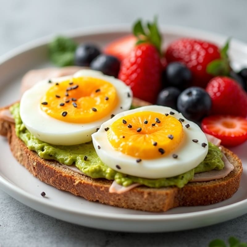 Hard-Boiled Eggs with Creamy Avocado Toast and Fresh Berries