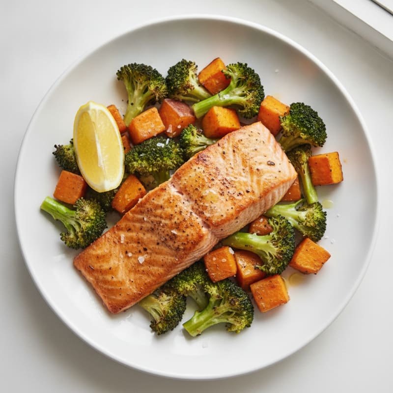 Seared Salmon with Roasted Broccoli and Sweet Potato