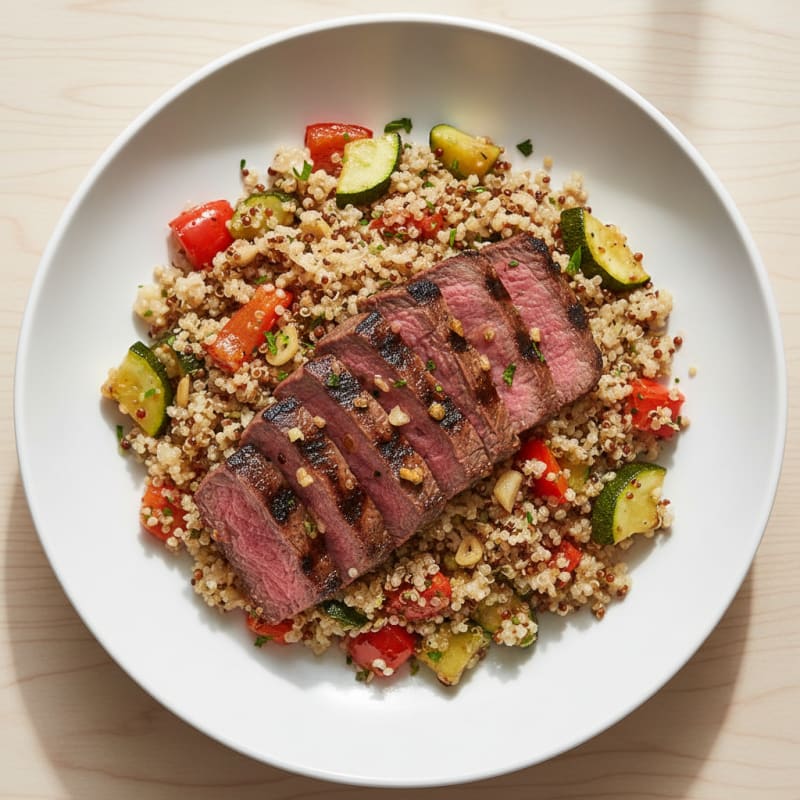 Grilled Steak and Quinoa Rice Bowl with Roasted Vegetables