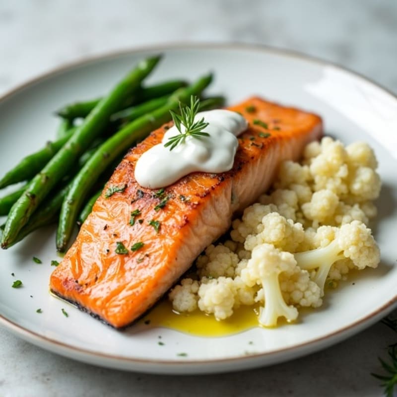 Seared Salmon Fillet with Steamed Green Beans and Garlic Mashed Cauliflower