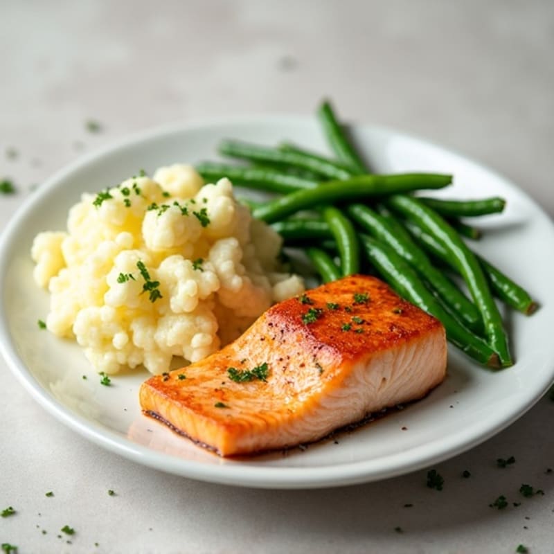 Seared Salmon with Steamed Green Beans and Garlic Mashed Cauliflower