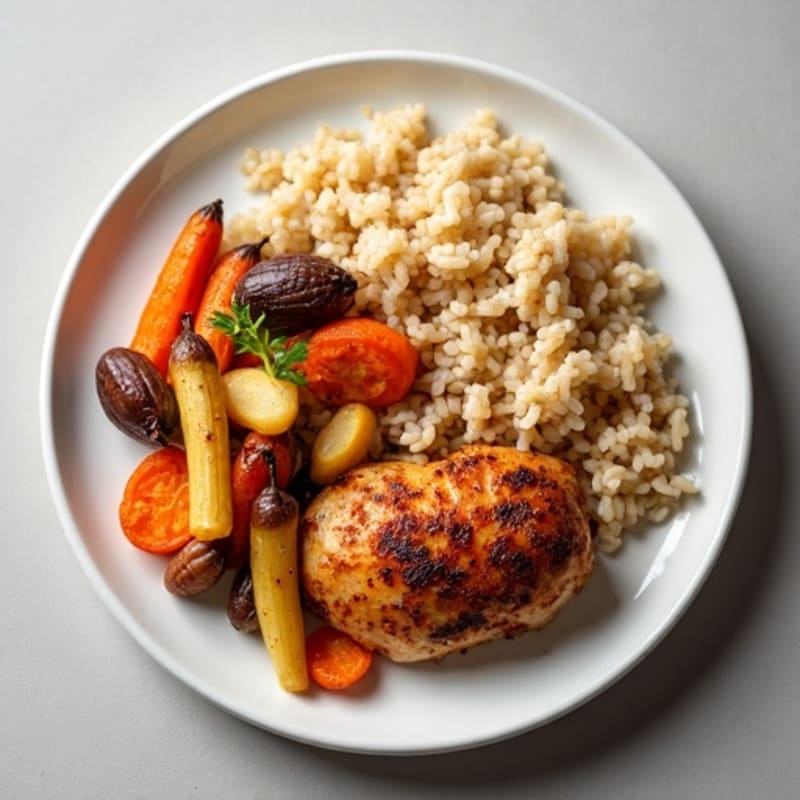 Crispy Baked Chicken with Roasted Root Vegetables and Fluffy Brown Rice