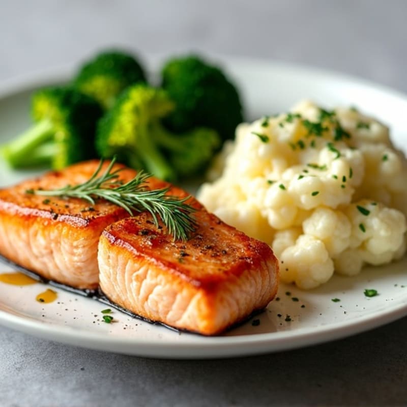Seared Salmon Fillet with Steamed Broccoli and Garlic Mashed Cauliflower