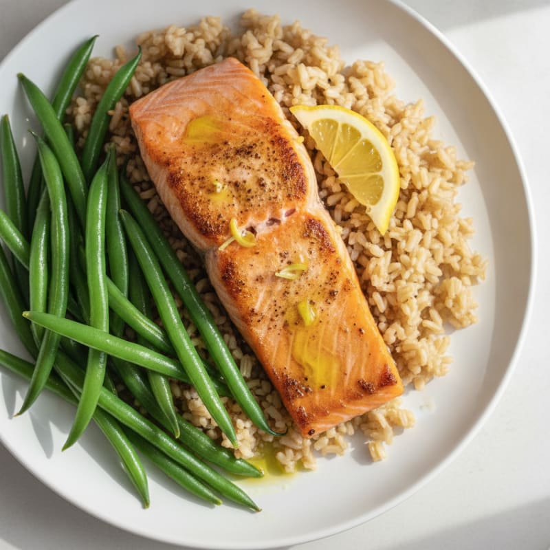 Seared Salmon Fillet with Steamed Green Beans and Brown Rice