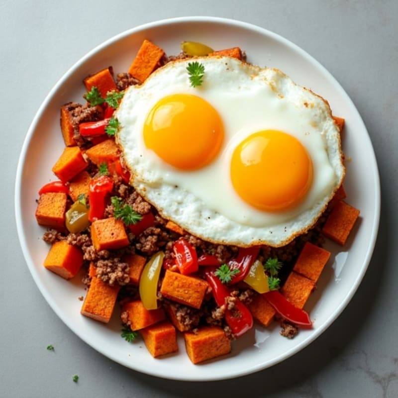 Crispy Sweet Potato and Bell Pepper Hash with Fried Eggs and Lean Ground Turkey