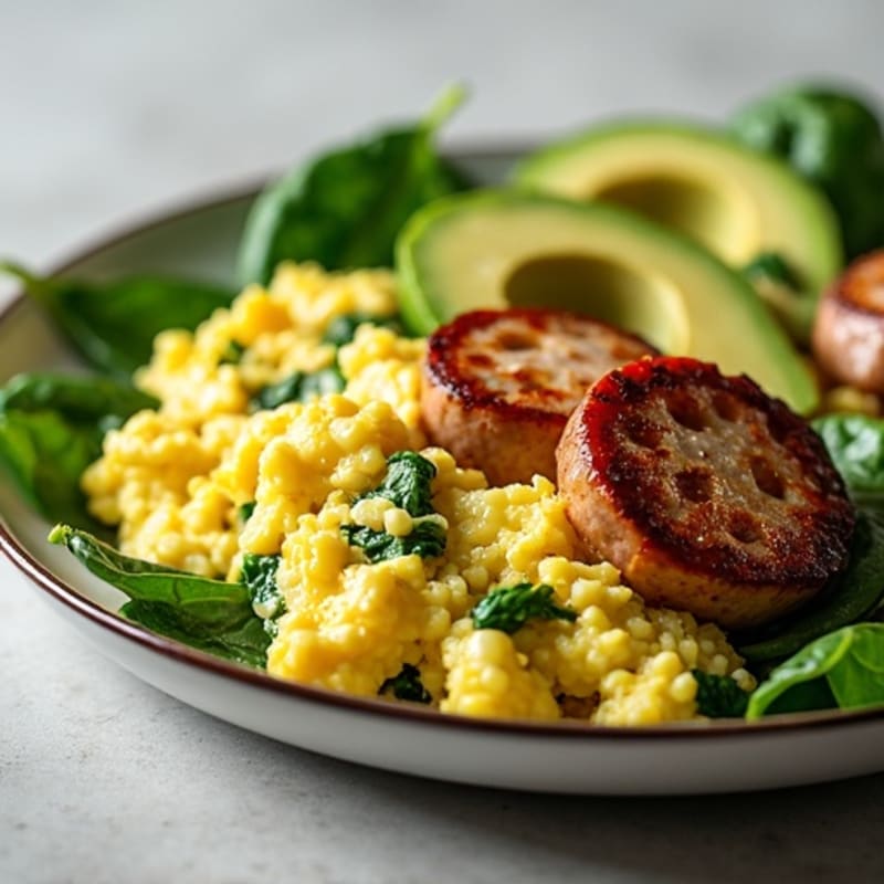 Egg White and Spinach Scramble with Seared Turkey Sausage
