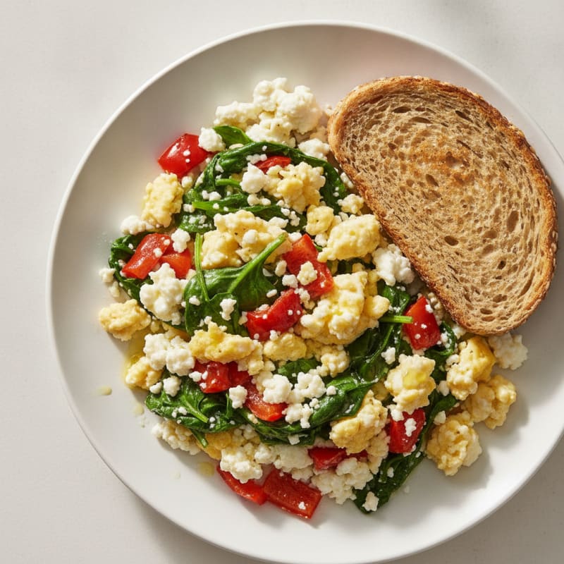Cottage Cheese Egg Scramble with Spinach and Roasted Red Peppers