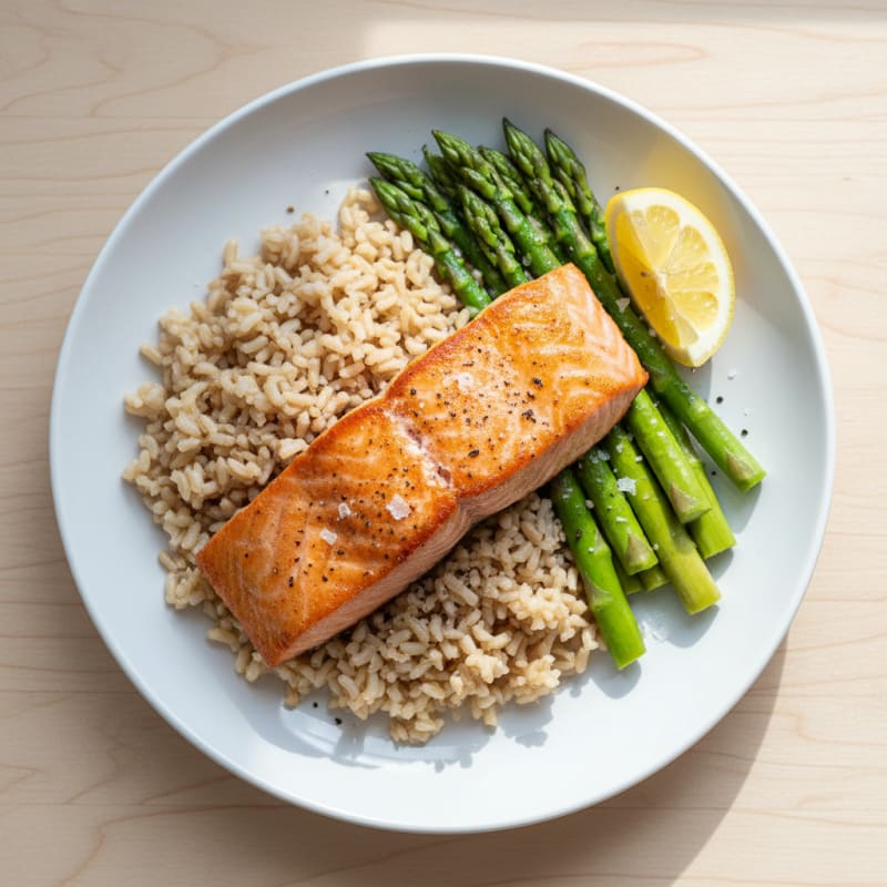 Seared Salmon with Steamed Asparagus and Brown Rice