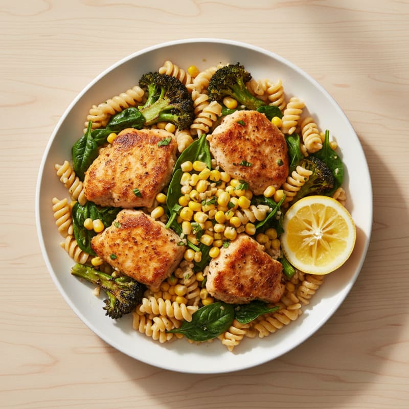 Chicken and Spinach Protein Pasta with Roasted Corn