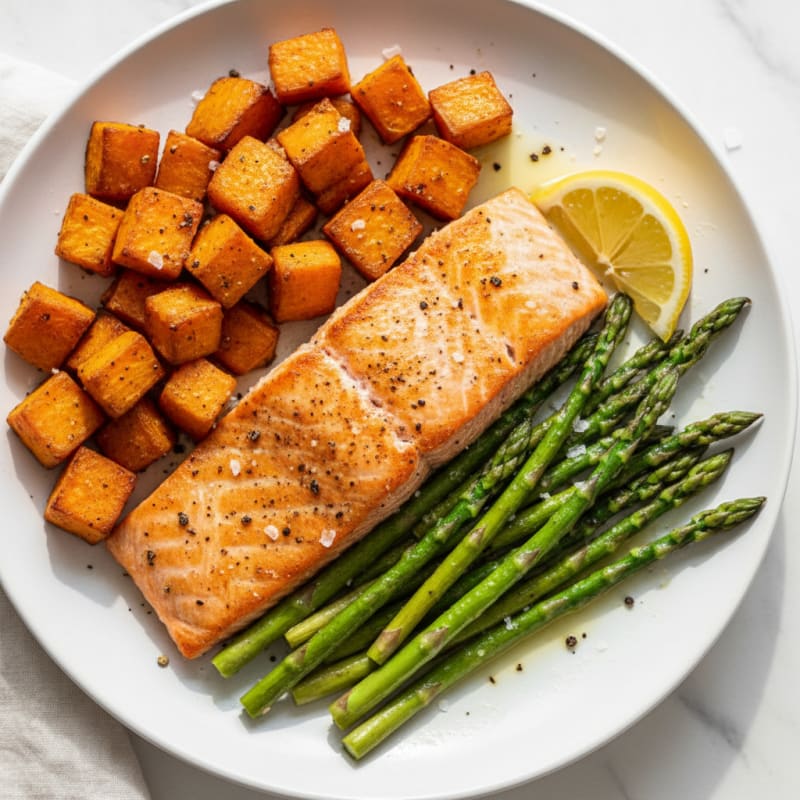 Seared Salmon Fillet with Roasted Sweet Potatoes and Asparagus