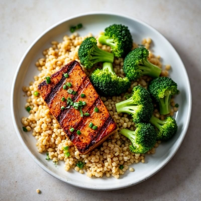 Grilled Tempeh with Roasted Broccoli and Quinoa