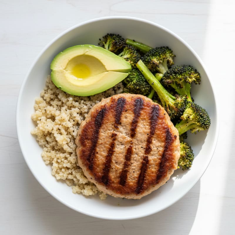 Grilled Turkey Burger Bowl with Quinoa and Roasted Broccoli