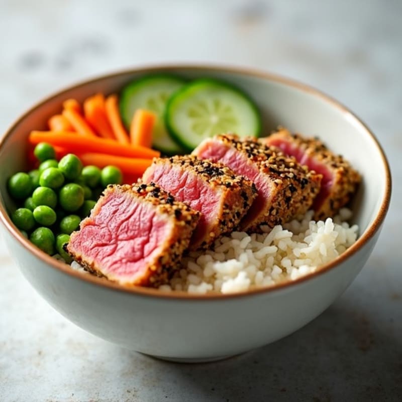 Sesame-Crusted Tuna Rice Bowl with Fresh Vegetables