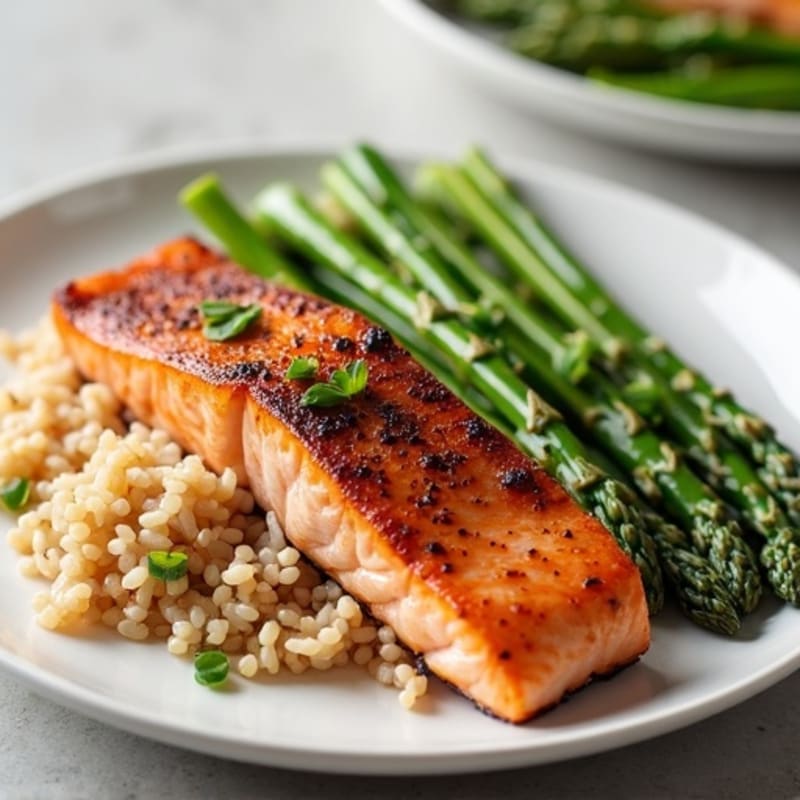 Seared Salmon Fillet with Steamed Asparagus and Brown Rice