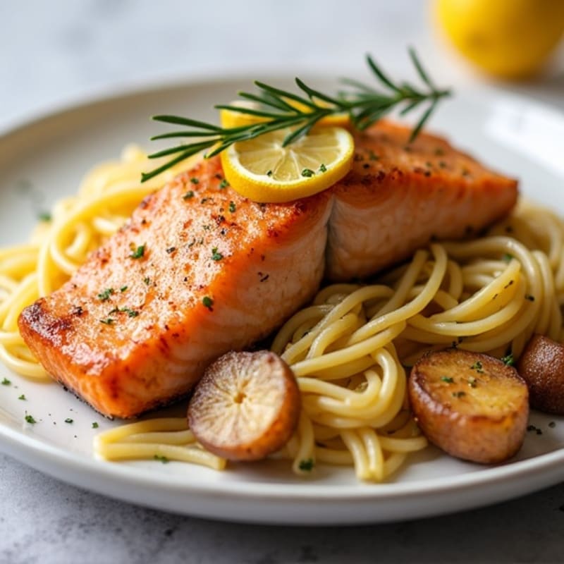Crispy Pan-Seared Salmon with Roasted Rosemary Potatoes and Fresh Lemon Pasta