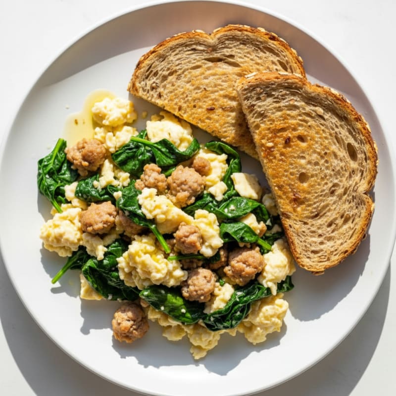 Egg White and Turkey Sausage Scramble with Sautéed Spinach and Whole Grain Toast