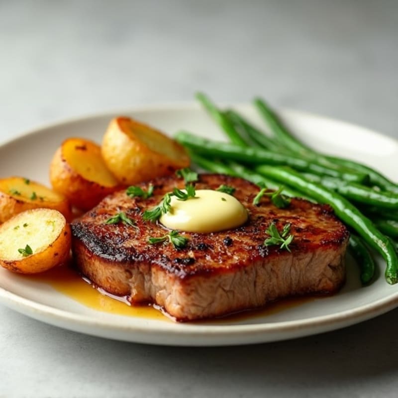 Pan-Seared Garlic Butter Steak with Crispy Roasted Potatoes and Fresh Green Beans