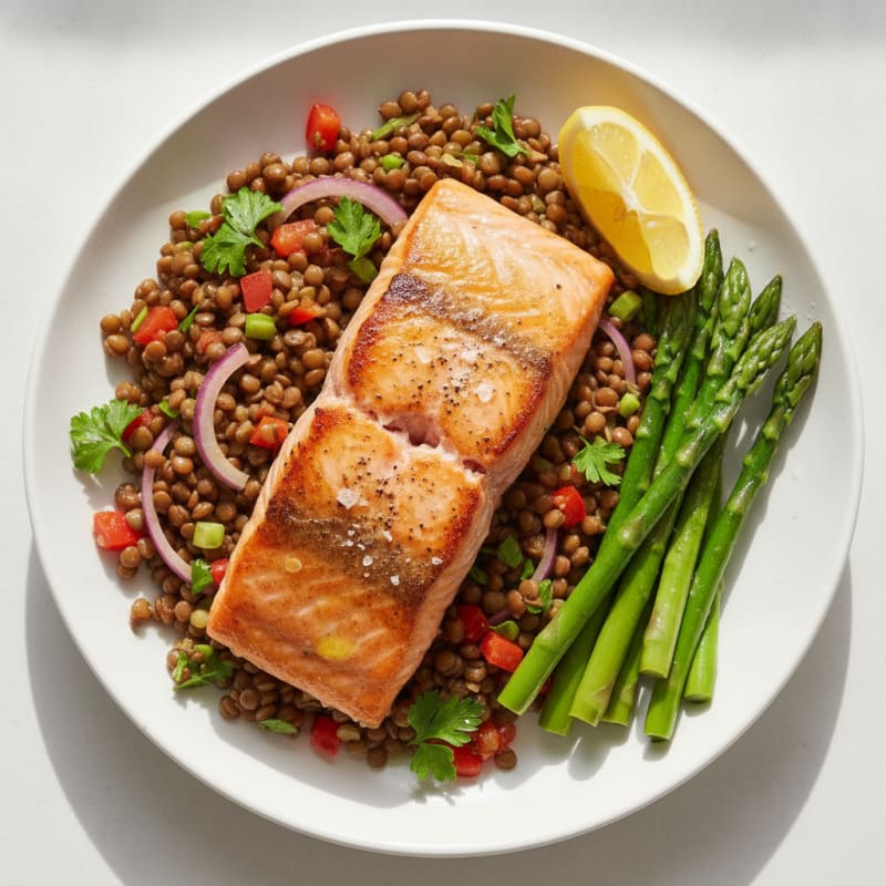 Seared Salmon Fillet with Steamed Asparagus and Lentil Salad