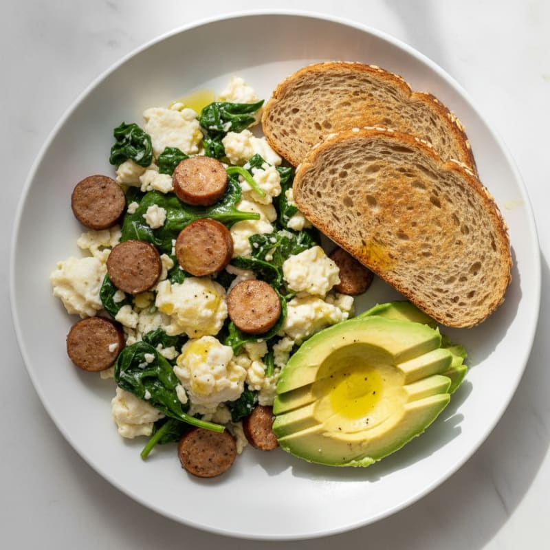 Egg White and Spinach Scramble with Turkey Sausage