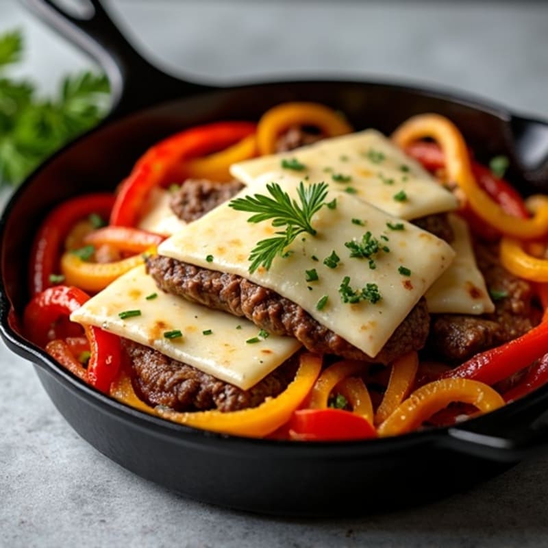 Lean Seared Beef Skillet with Sautéed Peppers, Onions, and Creamy Provolone